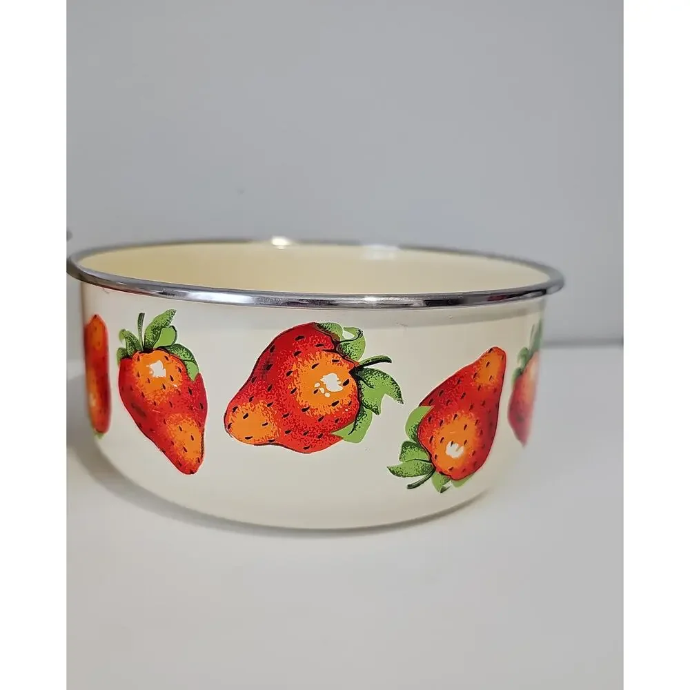 Two Vintage Kobe Enamel Bowls Cream Strawberry Nesting Mixing Cottagecore